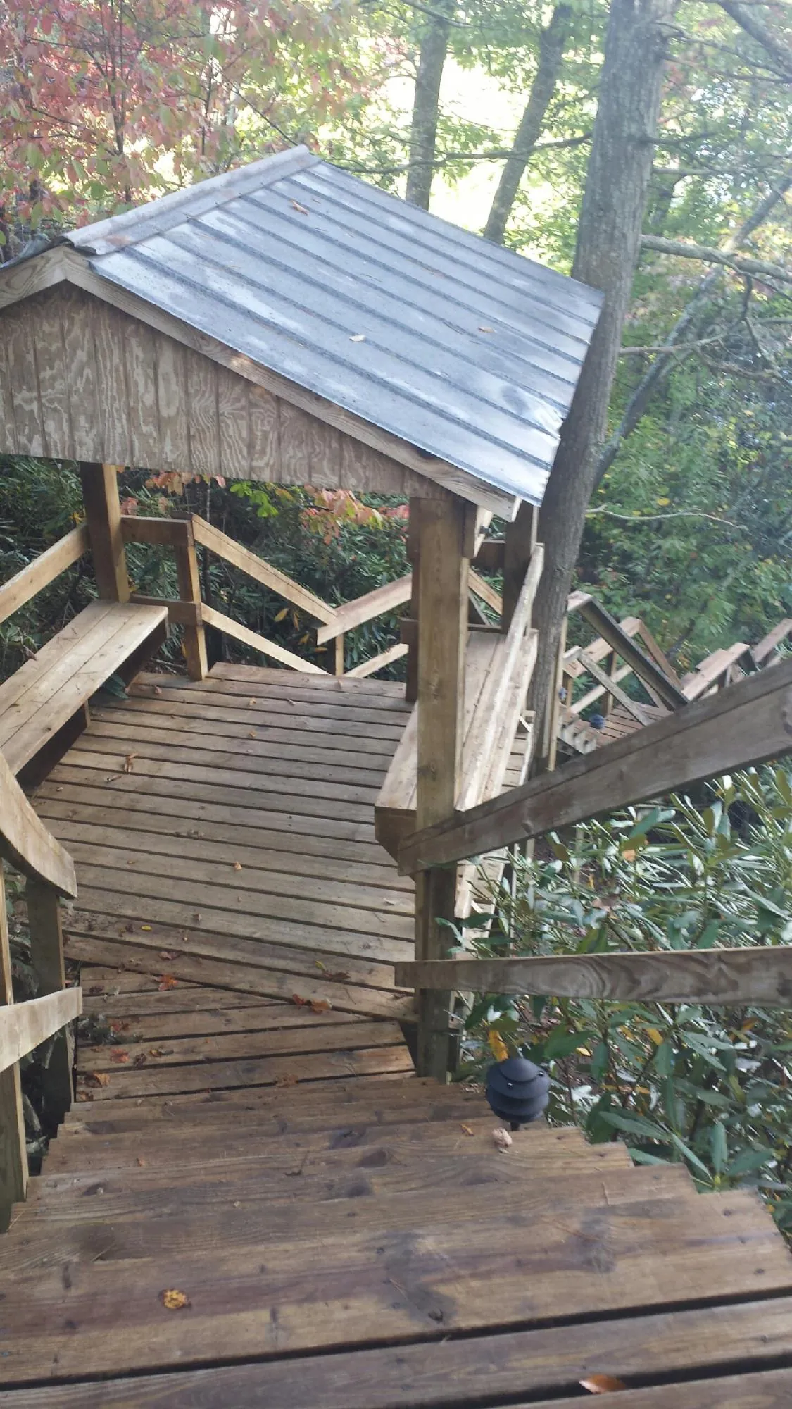 Metal roofed shelter over wooden steps on a wooded walkway — Skylight Repair & Installation work by our crew in Anchorage
